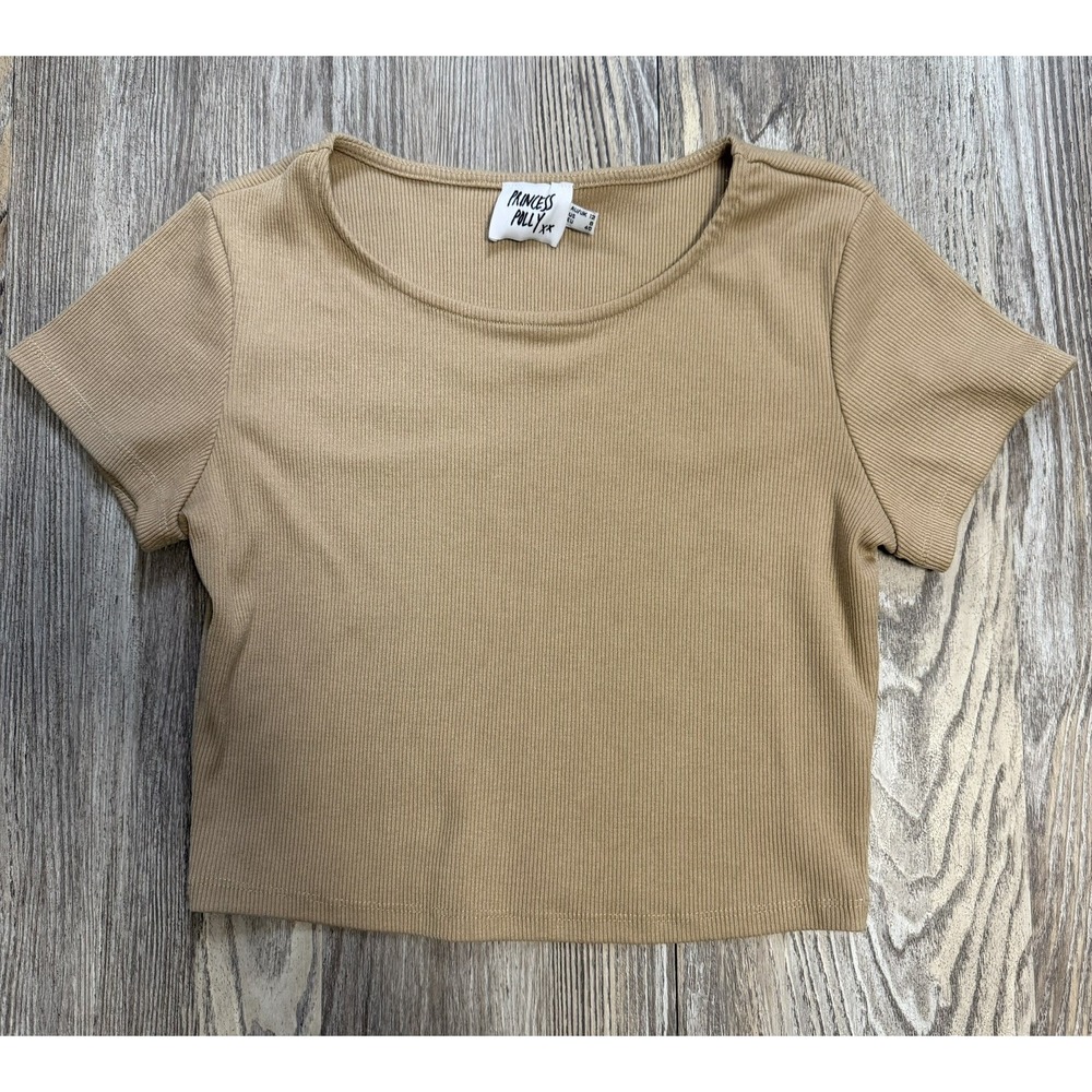 Princess Polly Women Top Beige Round Neck Short Sleeve Pullover Stretch Casual